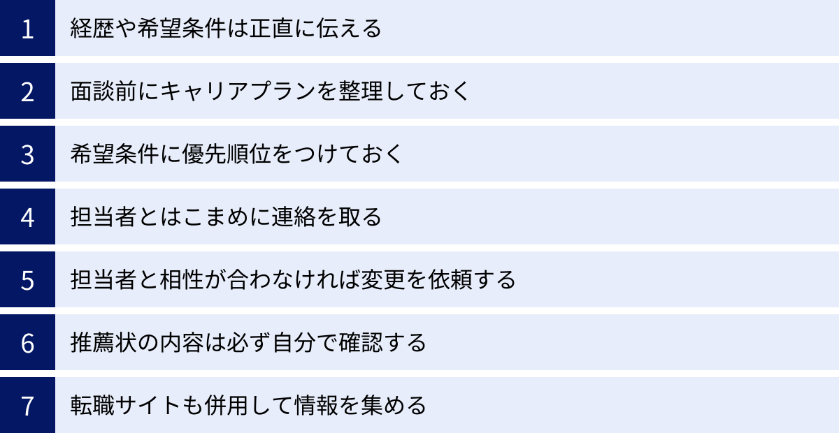経歴や希望条件は正直に伝える、面談前にキャリアプランを整理しておく、希望条件に優先順位をつけておく、担当者とはこまめに連絡を取る、担当者と相性が合わなければ変更を依頼する、推薦状の内容は必ず自分で確認する、転職サイトも併用して情報を集める