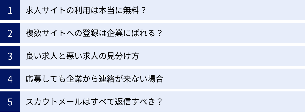 求人サイトの利用は本当に無料？、複数サイトへの登録は企業にばれる？、良い求人と悪い求人の見分け方、応募しても企業から連絡が来ない場合、スカウトメールはすべて返信すべき？