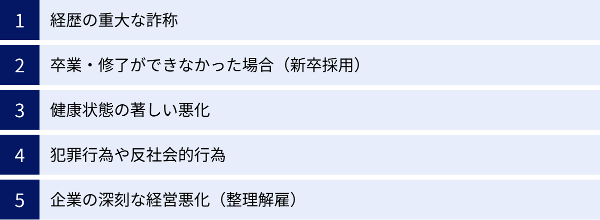 経歴の重大な詐称、卒業・修了ができなかった場合（新卒採用）、健康状態の著しい悪化、犯罪行為や反社会的行為、企業の深刻な経営悪化（整理解雇）