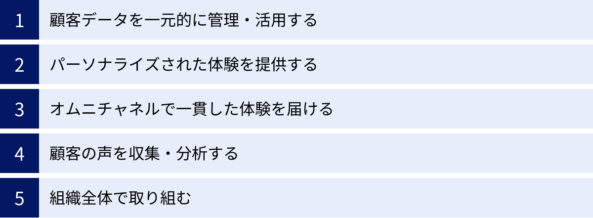 顧客データを一元的に管理・活用する、パーソナライズされた体験を提供する、オムニチャネルで一貫した体験を届ける、顧客の声を収集・分析する、組織全体で取り組む