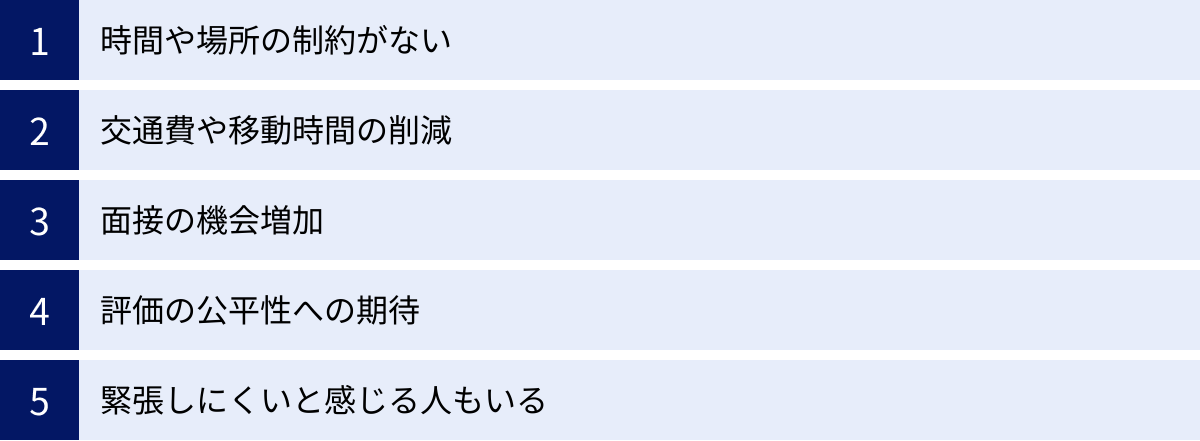 時間や場所の制約がない、交通費や移動時間の削減、面接の機会増加、評価の公平性への期待、緊張しにくいと感じる人もいる