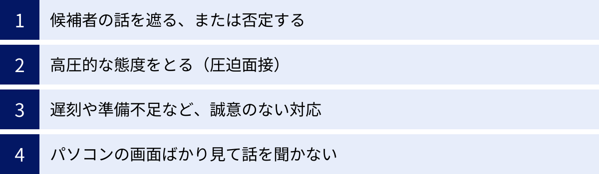候補者の話を遮る、または否定する、高圧的な態度をとる（圧迫面接）、遅刻や準備不足など、誠意のない対応、パソコンの画面ばかり見て話を聞かない