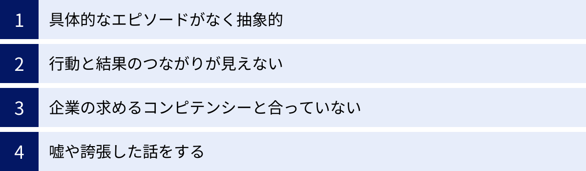 具体的なエピソードがなく抽象的、行動と結果のつながりが見えない、企業の求めるコンピテンシーと合っていない、嘘や誇張した話をする