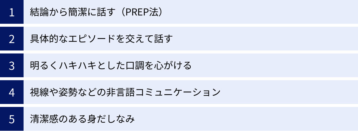 結論から簡潔に話す（PREP法）、具体的なエピソードを交えて話す、明るくハキハキとした口調を心がける、視線や姿勢などの非言語コミュニケーション、清潔感のある身だしなみ
