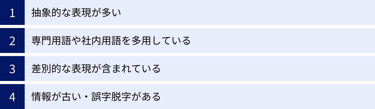 抽象的な表現が多い、専門用語や社内用語を多用している、差別的な表現が含まれている、情報が古い・誤字脱字がある