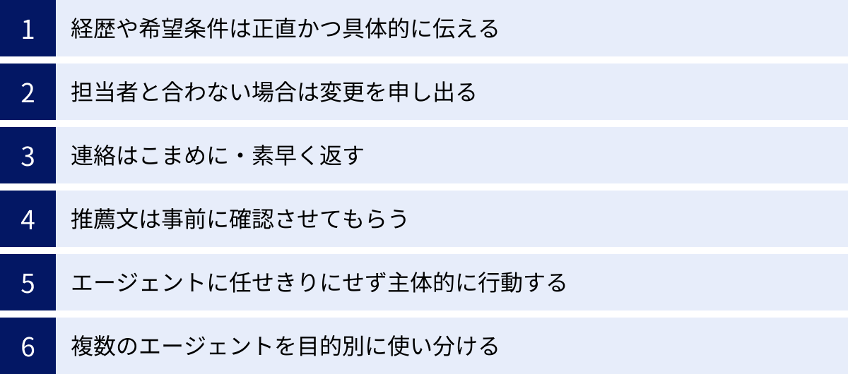 経歴や希望条件は正直かつ具体的に伝える、担当者と合わない場合は変更を申し出る、連絡はこまめに・素早く返す、推薦文は事前に確認させてもらう、エージェントに任せきりにせず主体的に行動する、複数のエージェントを目的別に使い分ける