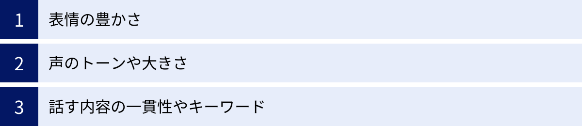 表情の豊かさ、声のトーンや大きさ、話す内容の一貫性やキーワード