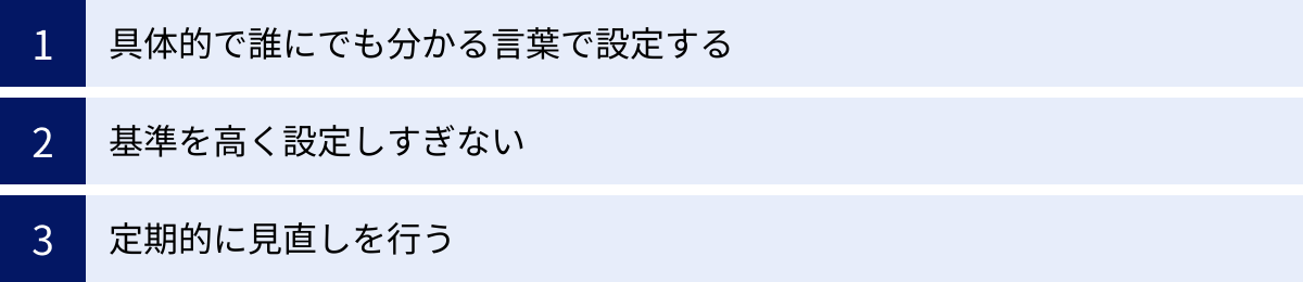 具体的で誰にでも分かる言葉で設定する、基準を高く設定しすぎない、定期的に見直しを行う