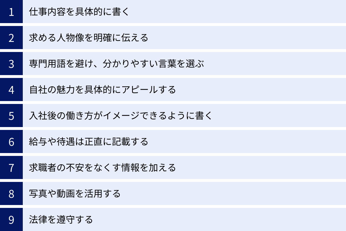 仕事内容を具体的に書く、求める人物像を明確に伝える、専門用語を避け、分かりやすい言葉を選ぶ、自社の魅力を具体的にアピールする、入社後の働き方がイメージできるように書く、給与や待遇は正直に記載する、求職者の不安をなくす情報を加える、写真や動画を活用する、法律を遵守する