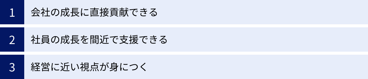 会社の成長に直接貢献できる、社員の成長を間近で支援できる、経営に近い視点が身につく
