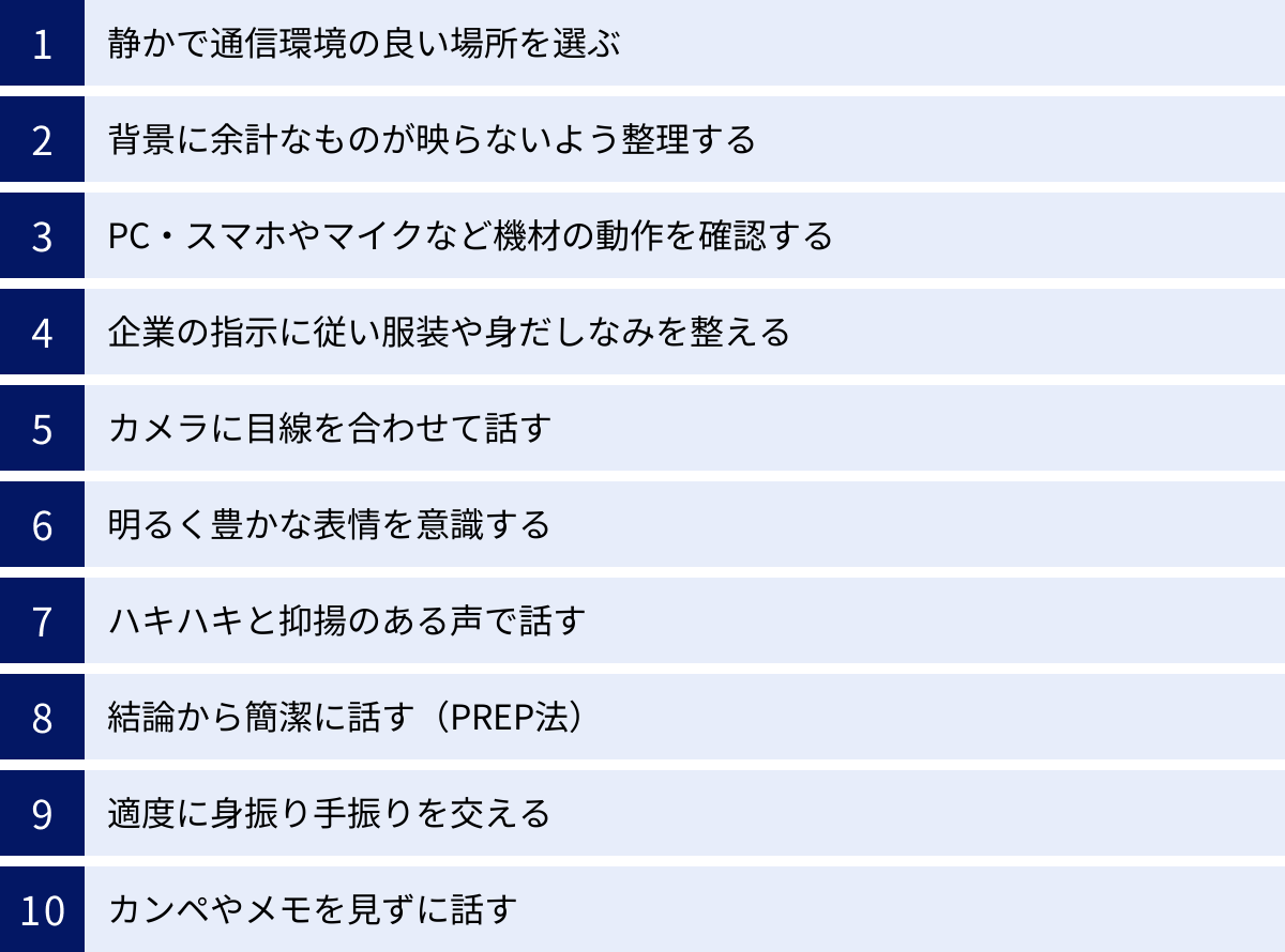 静かで通信環境の良い場所を選ぶ、背景に余計なものが映らないよう整理する、PC・スマホやマイクなど機材の動作を確認する、企業の指示に従い服装や身だしなみを整える、カメラに目線を合わせて話す、明るく豊かな表情を意識する、ハキハキと抑揚のある声で話す、結論から簡潔に話す（PREP法）、適度に身振り手振りを交える、カンペやメモを見ずに話す