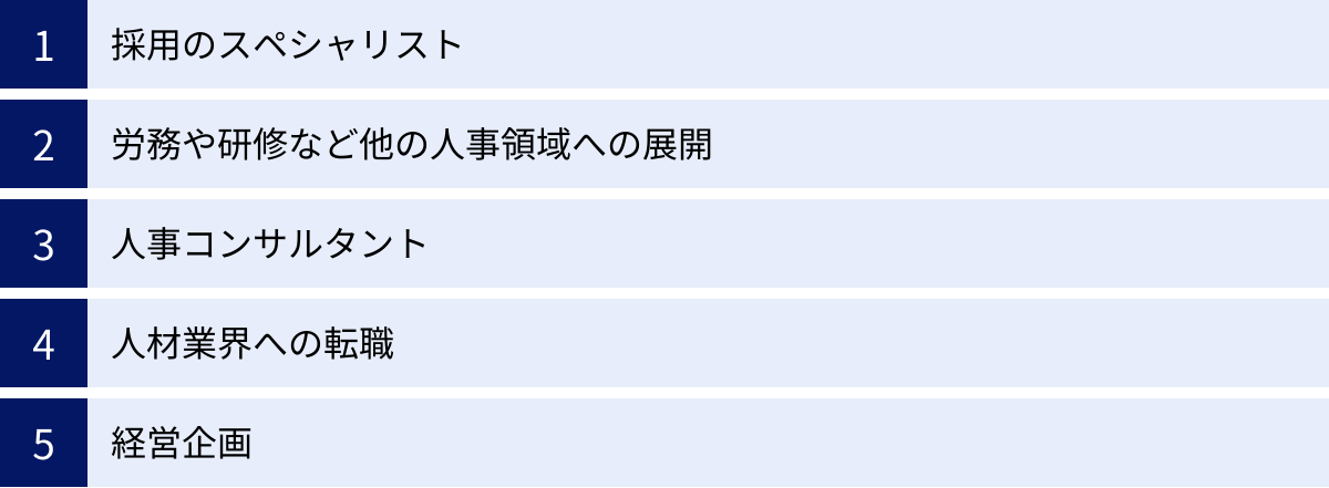 採用のスペシャリスト、労務や研修など他の人事領域への展開、人事コンサルタント、人材業界への転職、経営企画