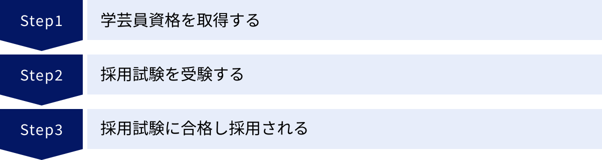 学芸員資格を取得する、採用試験を受験する、採用試験に合格し採用される