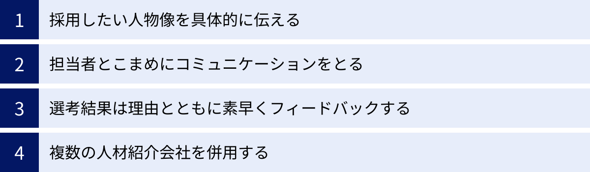 採用したい人物像を具体的に伝える、担当者とこまめにコミュニケーションをとる、選考結果は理由とともに素早くフィードバックする、複数の人材紹介会社を併用する