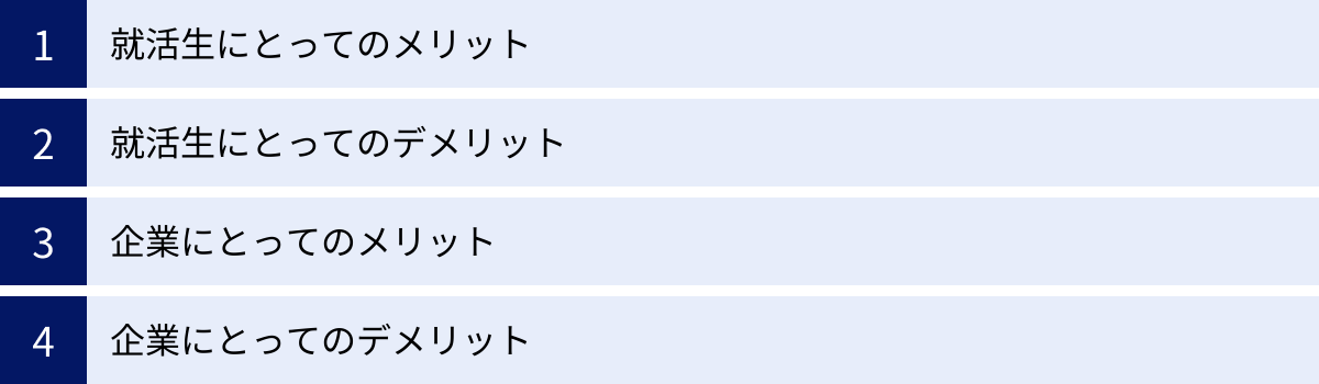 就活生にとってのメリット、就活生にとってのデメリット、企業にとってのメリット、企業にとってのデメリット