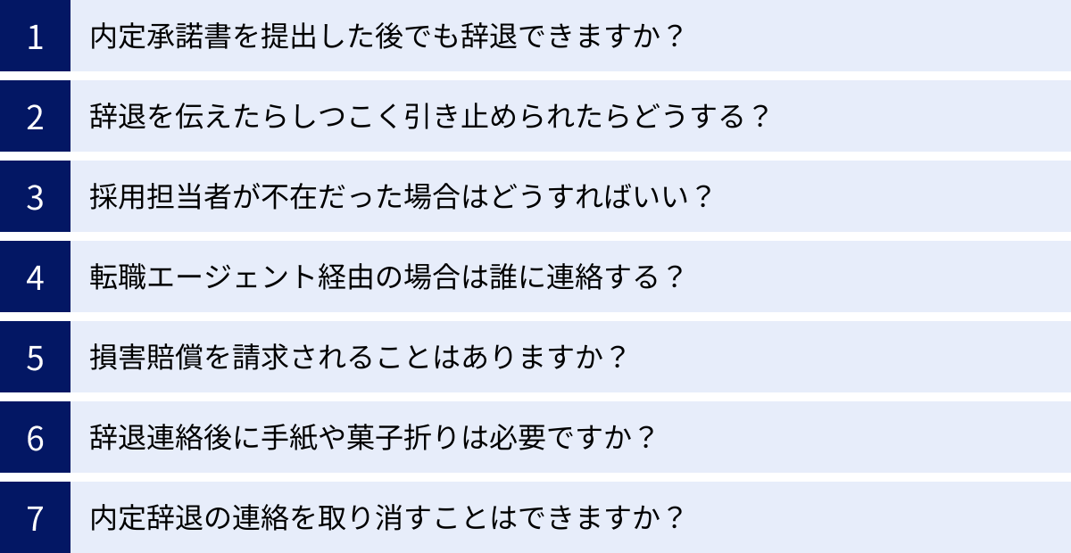 内定承諾書を提出した後でも辞退できますか？、辞退を伝えたらしつこく引き止められたらどうする？、採用担当者が不在だった場合はどうすればいい？、転職エージェント経由の場合は誰に連絡する？、損害賠償を請求されることはありますか？、辞退連絡後に手紙や菓子折りは必要ですか？、内定辞退の連絡を取り消すことはできますか？