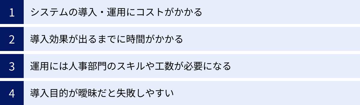 システムの導入・運用にコストがかかる、導入効果が出るまでに時間がかかる、運用には人事部門のスキルや工数が必要になる、導入目的が曖昧だと失敗しやすい