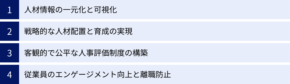 人材情報の一元化と可視化、戦略的な人材配置と育成の実現、客観的で公平な人事評価制度の構築、従業員のエンゲージメント向上と離職防止