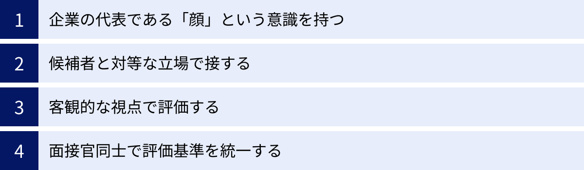 企業の代表である「顔」という意識を持つ、候補者と対等な立場で接する、客観的な視点で評価する、面接官同士で評価基準を統一する