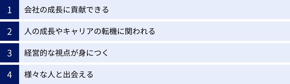 会社の成長に貢献できる、人の成長やキャリアの転機に関われる、経営的な視点が身につく、様々な人と出会える
