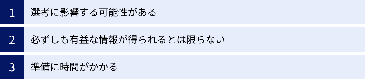 選考に影響する可能性がある、必ずしも有益な情報が得られるとは限らない、準備に時間がかかる