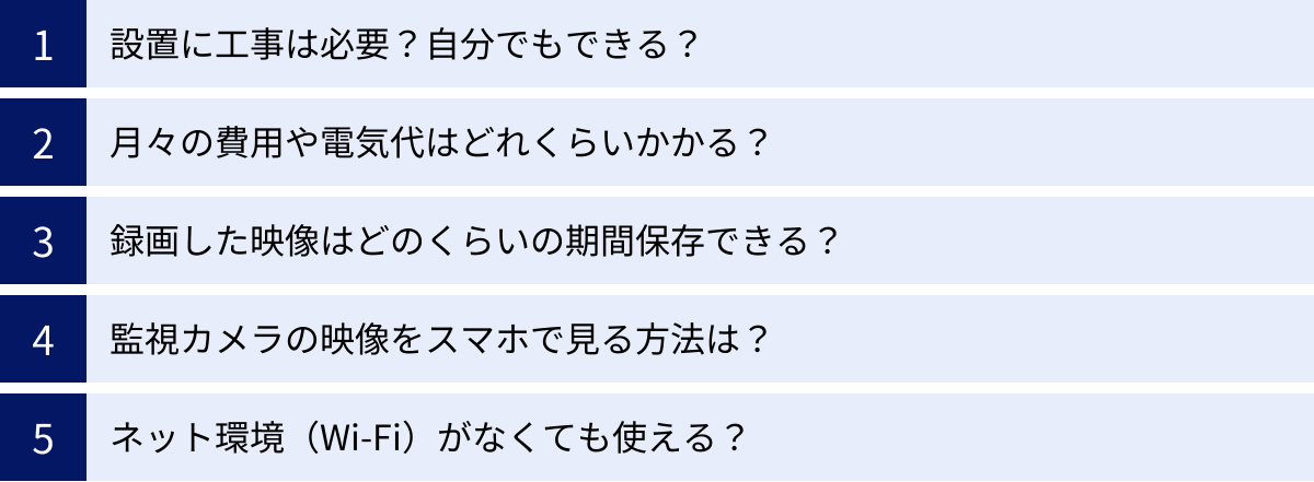 設置に工事は必要？自分でもできる？、月々の費用や電気代はどれくらいかかる？、録画した映像はどのくらいの期間保存できる？、監視カメラの映像をスマホで見る方法は？、ネット環境（Wi-Fi）がなくても使える？