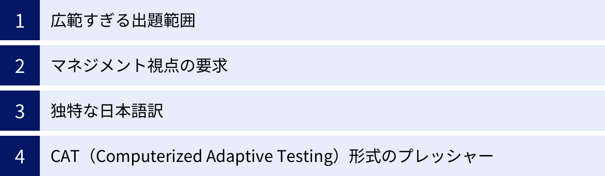 広範すぎる出題範囲、マネジメント視点の要求、独特な日本語訳、CAT（Computerized Adaptive Testing）形式のプレッシャー