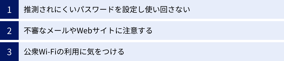 推測されにくいパスワードを設定し使い回さない、不審なメールやWebサイトに注意する、公衆Wi-Fiの利用に気をつける