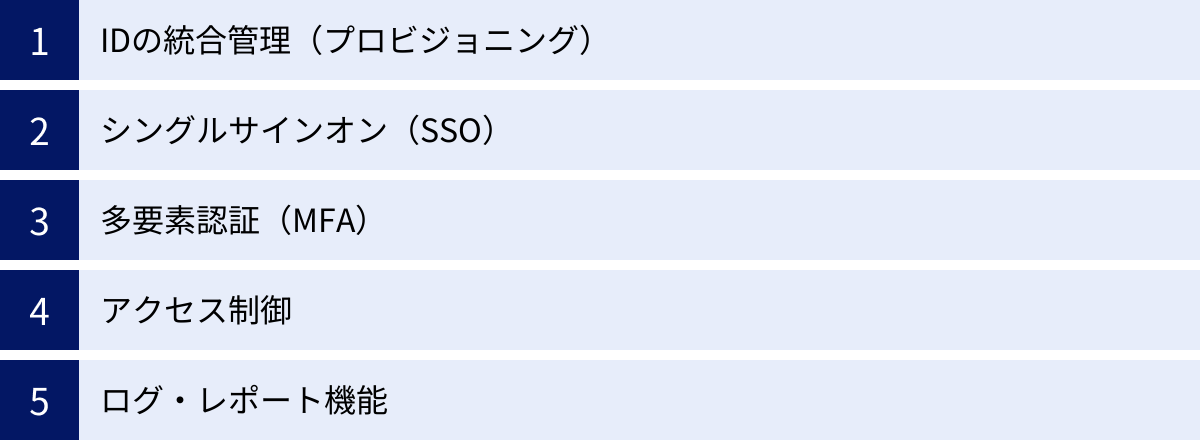 IDの統合管理（プロビジョニング）、シングルサインオン（SSO）、多要素認証（MFA）、アクセス制御、ログ・レポート機能