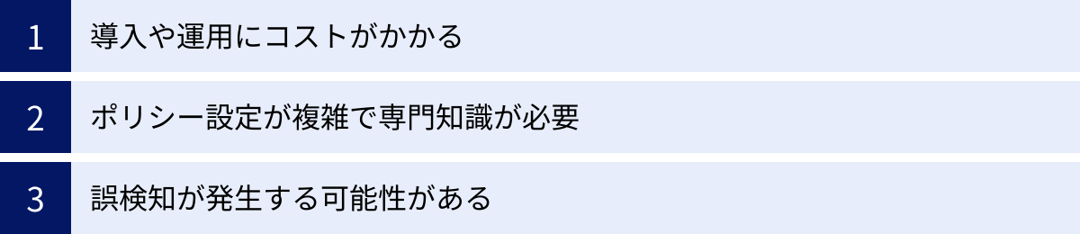 導入や運用にコストがかかる、ポリシー設定が複雑で専門知識が必要、誤検知が発生する可能性がある
