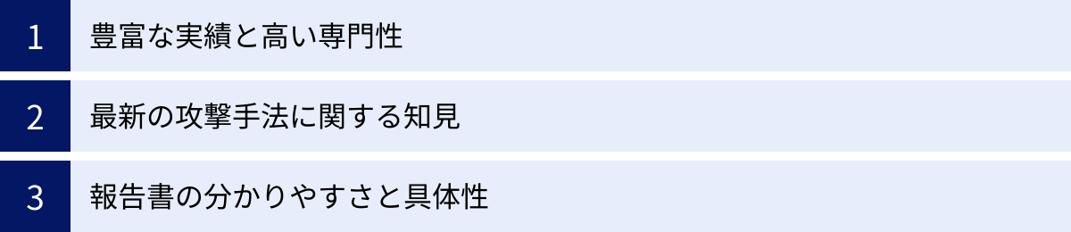 豊富な実績と高い専門性、最新の攻撃手法に関する知見、報告書の分かりやすさと具体性