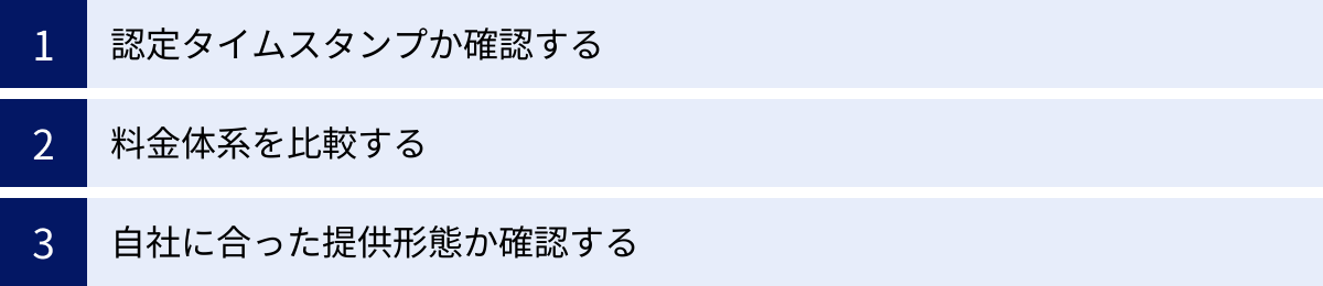 認定タイムスタンプか確認する、料金体系を比較する、自社に合った提供形態か確認する
