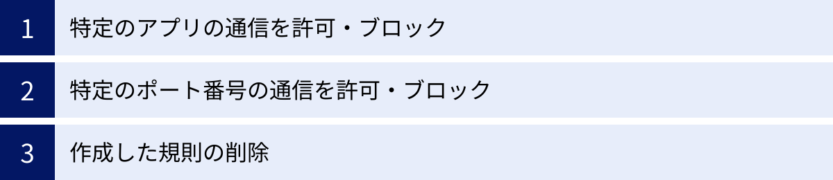 特定のアプリの通信を許可・ブロック、特定のポート番号の通信を許可・ブロック、作成した規則の削除