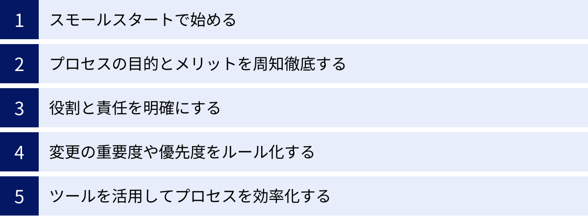 スモールスタートで始める、プロセスの目的とメリットを周知徹底する、役割と責任を明確にする、変更の重要度や優先度をルール化する、ツールを活用してプロセスを効率化する
