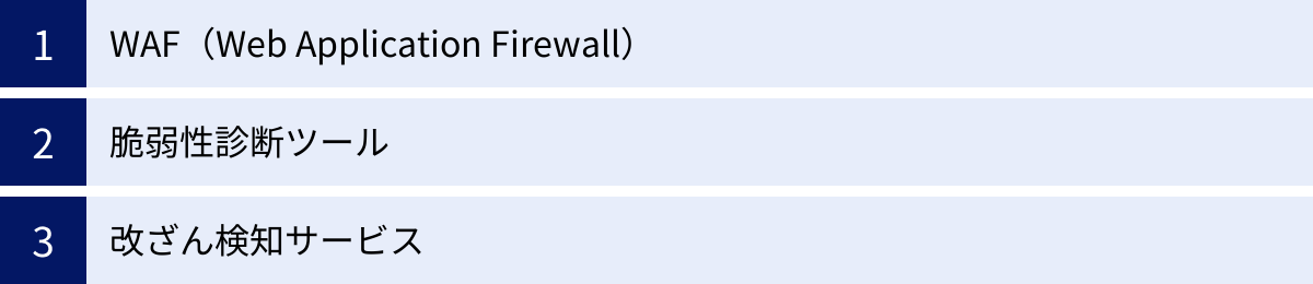 WAF（Web Application Firewall）、脆弱性診断ツール、改ざん検知サービス