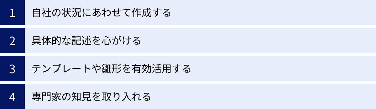 自社の状況にあわせて作成する、具体的な記述を心がける、テンプレートや雛形を有効活用する、専門家の知見を取り入れる