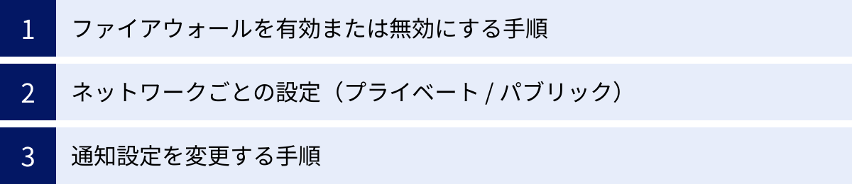 ファイアウォールを有効または無効にする手順、ネットワークごとの設定（プライベート / パブリック）、通知設定を変更する手順