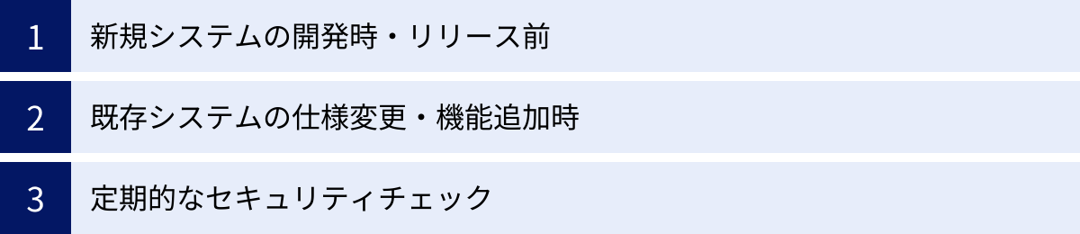 新規システムの開発時・リリース前、既存システムの仕様変更・機能追加時、定期的なセキュリティチェック