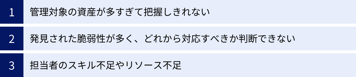 管理対象の資産が多すぎて把握しきれない、発見された脆弱性が多く、どれから対応すべきか判断できない、担当者のスキル不足やリソース不足