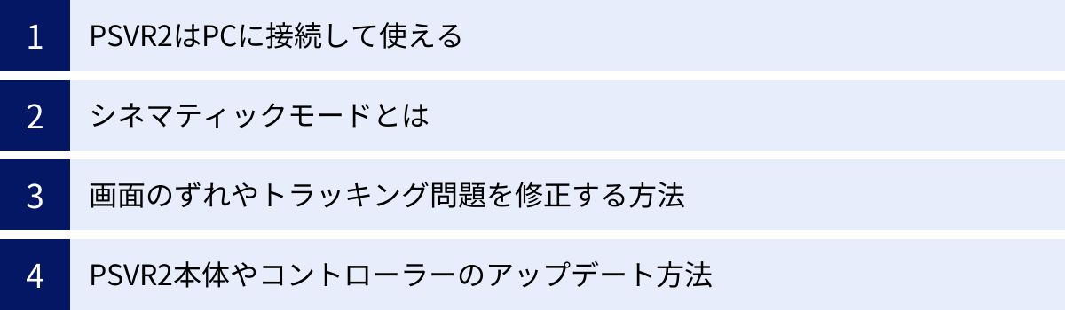 PSVR2はPCに接続して使える、シネマティックモードとは、画面のずれやトラッキング問題を修正する方法、PSVR2本体やコントローラーのアップデート方法