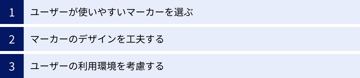 ユーザーが使いやすいマーカーを選ぶ、マーカーのデザインを工夫する、ユーザーの利用環境を考慮する