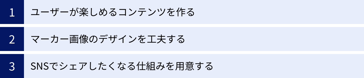 ユーザーが楽しめるコンテンツを作る、マーカー画像のデザインを工夫する、SNSでシェアしたくなる仕組みを用意する