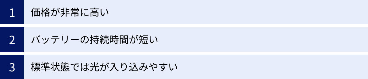 価格が非常に高い、バッテリーの持続時間が短い、標準状態では光が入り込みやすい