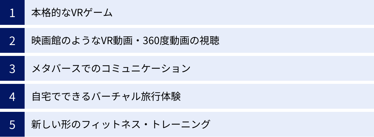 本格的なVRゲーム、映画館のようなVR動画・360度動画の視聴、メタバースでのコミュニケーション、自宅でできるバーチャル旅行体験、新しい形のフィットネス・トレーニング