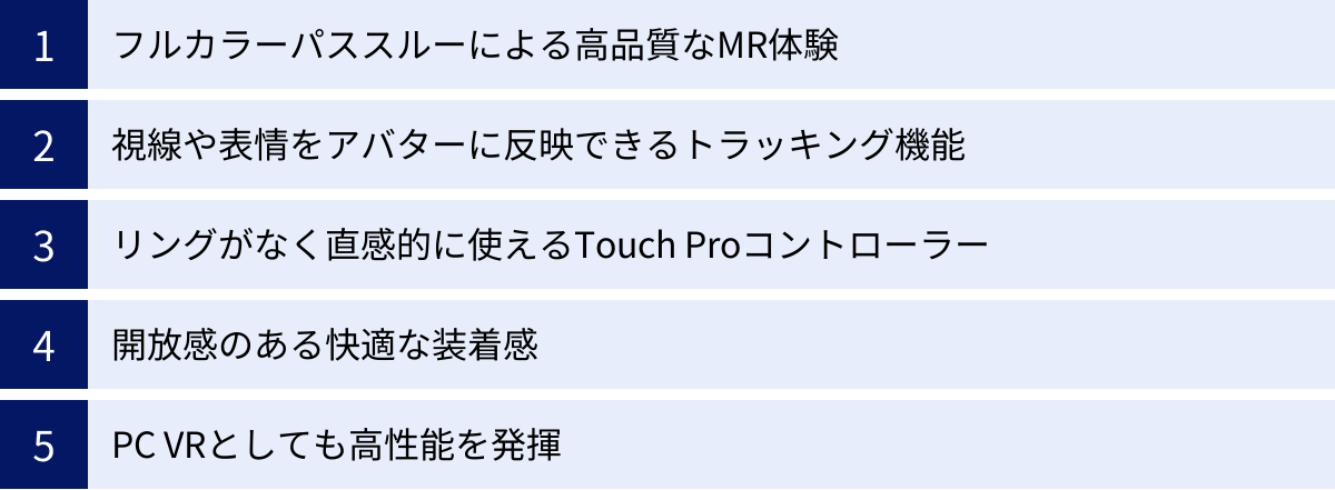 フルカラーパススルーによる高品質なMR体験、視線や表情をアバターに反映できるトラッキング機能、リングがなく直感的に使えるTouch Proコントローラー、開放感のある快適な装着感、PC VRとしても高性能を発揮