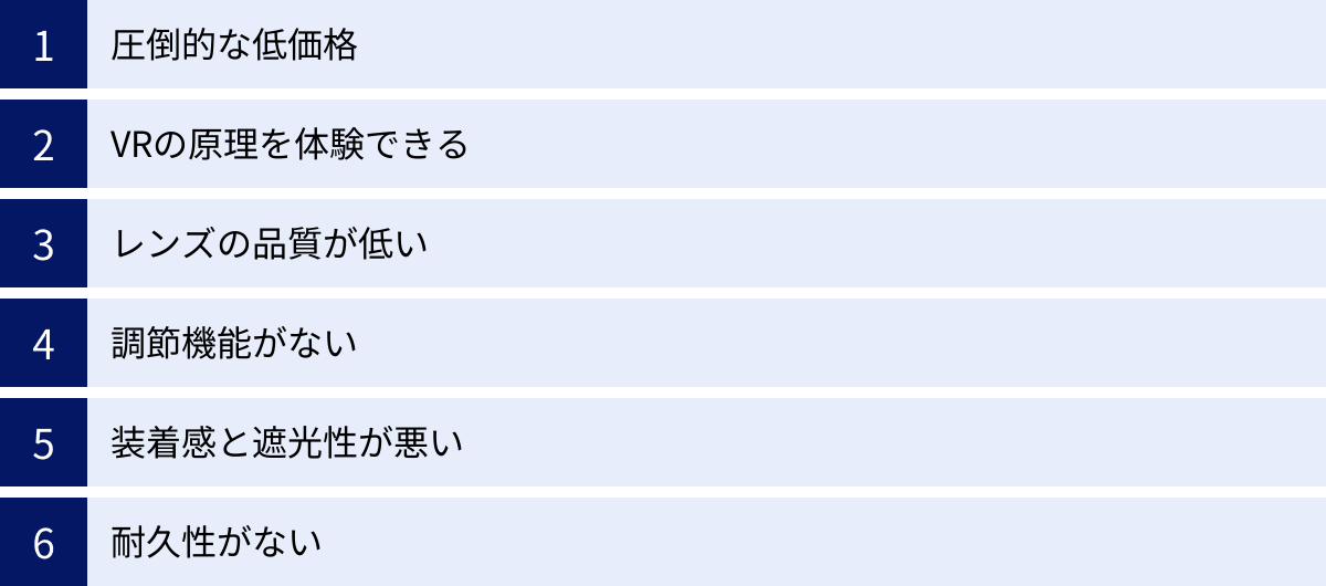 圧倒的な低価格、VRの原理を体験できる、レンズの品質が低い、調節機能がない、装着感と遮光性が悪い、耐久性がない