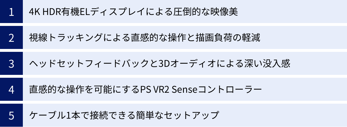 4K HDR有機ELディスプレイによる圧倒的な映像美、視線トラッキングによる直感的な操作と描画負荷の軽減、ヘッドセットフィードバックと3Dオーディオによる深い没入感、直感的な操作を可能にするPS VR2 Senseコントローラー、ケーブル1本で接続できる簡単なセットアップ
