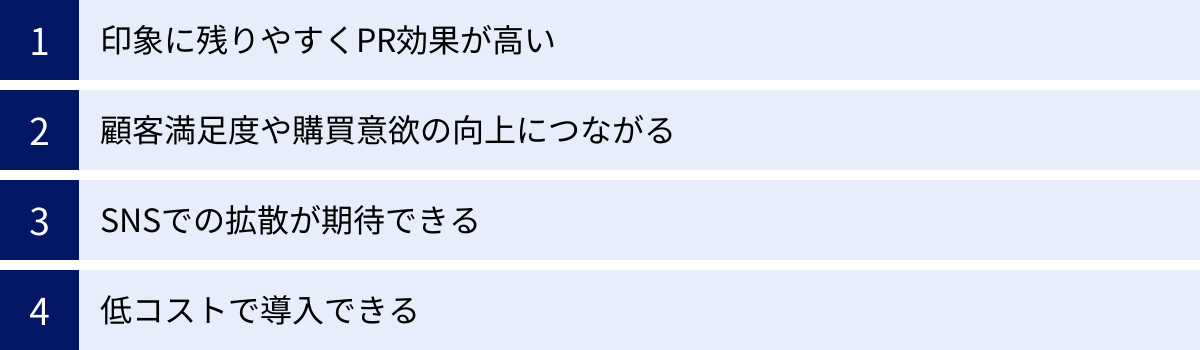 印象に残りやすくPR効果が高い、顧客満足度や購買意欲の向上につながる、SNSでの拡散が期待できる、低コストで導入できる