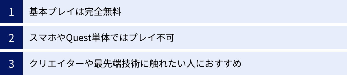 基本プレイは完全無料、スマホやQuest単体ではプレイ不可、クリエイターや最先端技術に触れたい人におすすめ