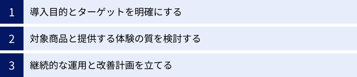 導入目的とターゲットを明確にする、対象商品と提供する体験の質を検討する、継続的な運用と改善計画を立てる